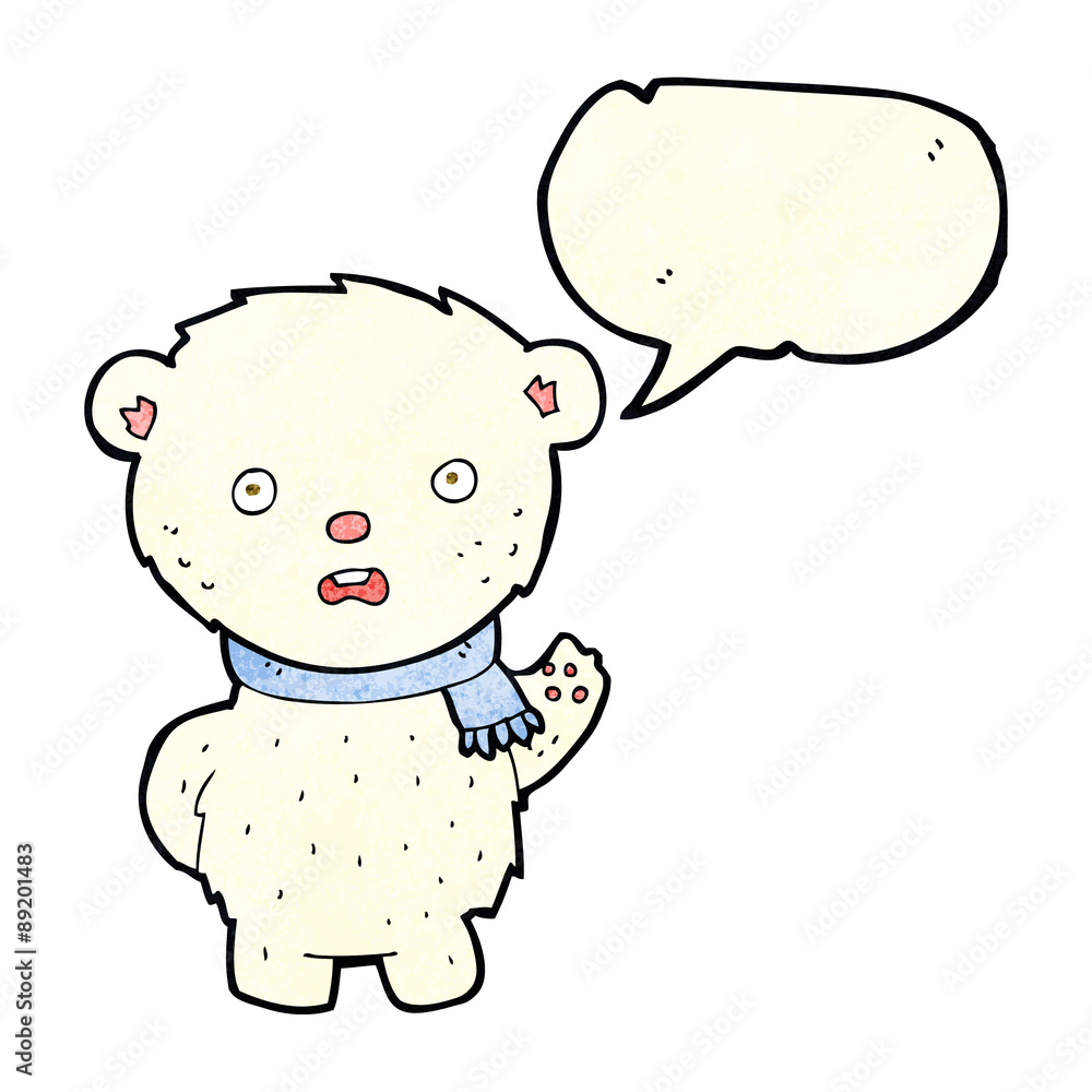 cartoon polar bear wearing scarf with speech bubble
