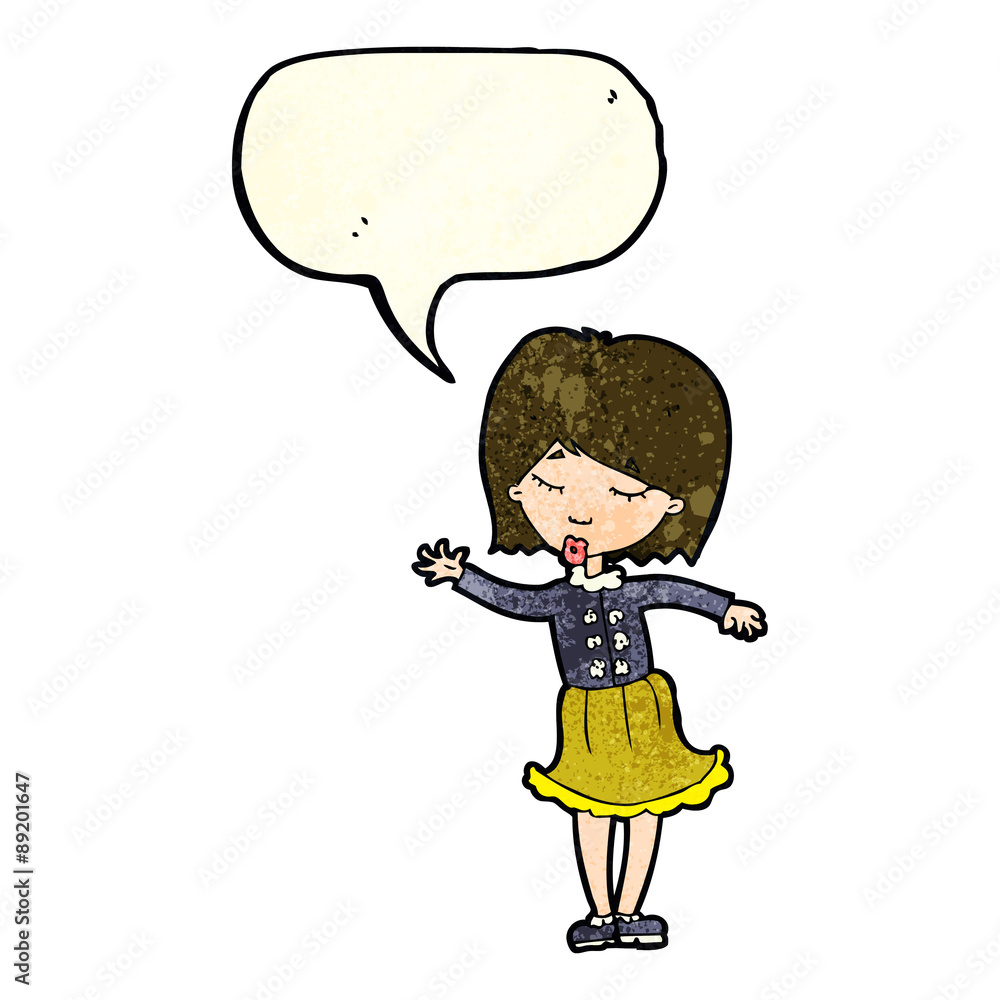 cartoon waving woman with speech bubble cartoon waving woman with speech bubble