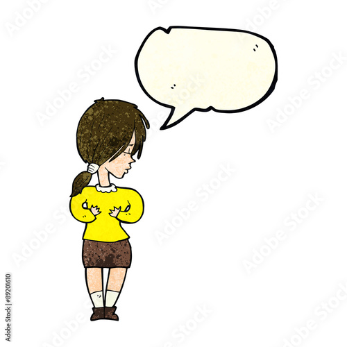 cartoon shy woman with speech bubble