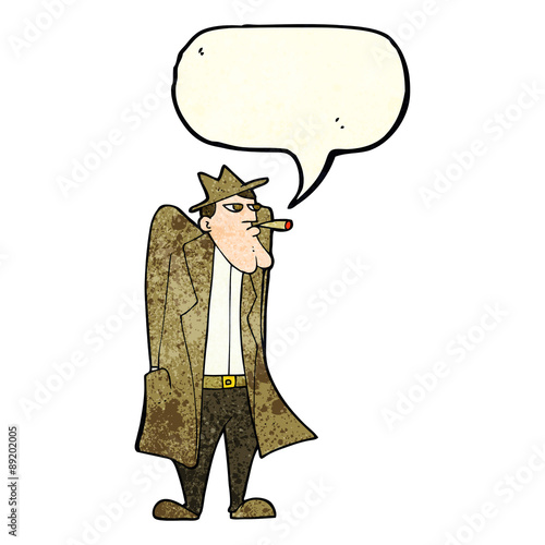 cartoon man in hat and trench coat with speech bubble