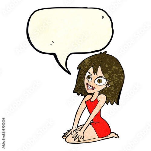 cartoon happy woman in dress with speech bubble