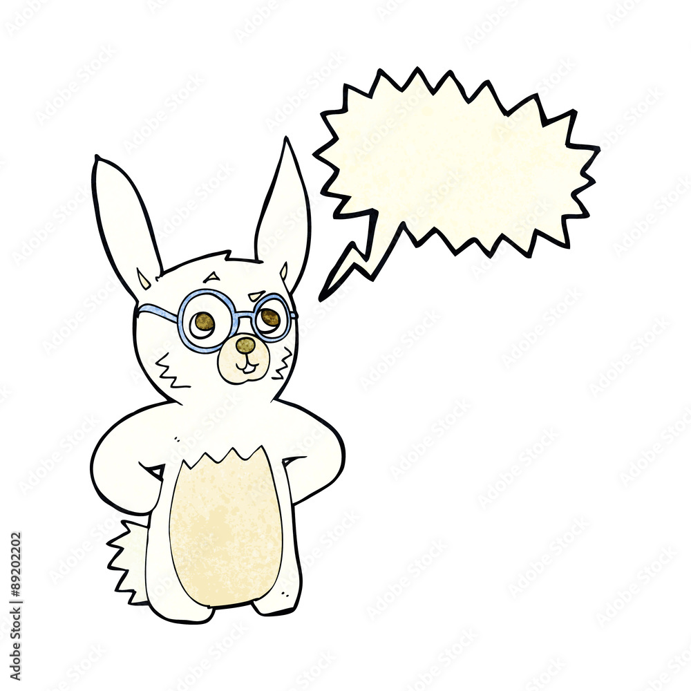 cartoon rabbit wearing spectacles with speech bubble