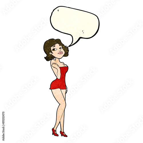 cartoon attractive woman in short dress with speech bubble