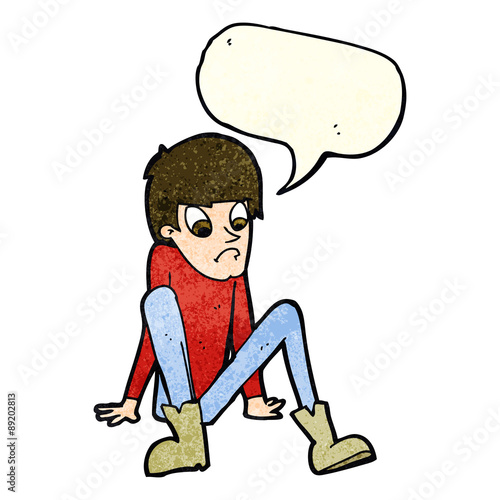 cartoon boy sitting on floor with speech bubble