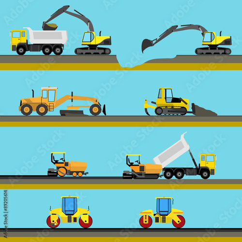 Set of seamless horizontal road construction background
