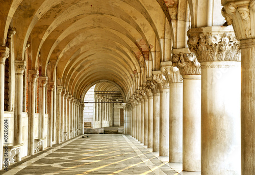 Row of arches underneath the Doge's Palace in Piazza San Marco in Venice. The famouse place in Venice.