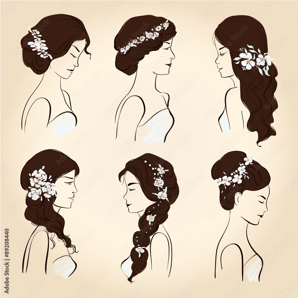 set of wedding hairstyles, sketch, head of a young woman in profile, dark  hair, styling with colors, different hair styles,isolated on a beige  background Stock Vector | Adobe Stock