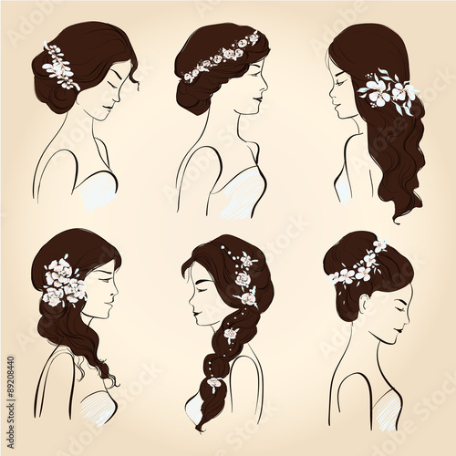 set of wedding hairstyles, sketch, head of a young woman in profile, dark hair, styling with colors, different hair styles,isolated on a beige background