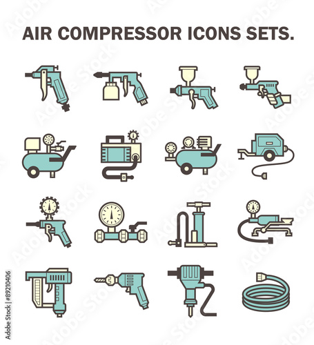 Air compressor icon. Consist of spray gun or airbrush for auto paint repair. Including with pressure tank, bicycle pump, air blow gun, pressure gauge, pneumatic staple, drilling tool, jack hammer etc.