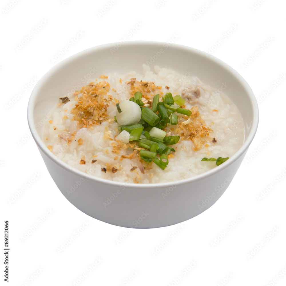 Traditional thai porridge rice gruel in white bowl, congee