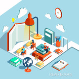 The concept of learning, read books in the library, isometric flat design illustration