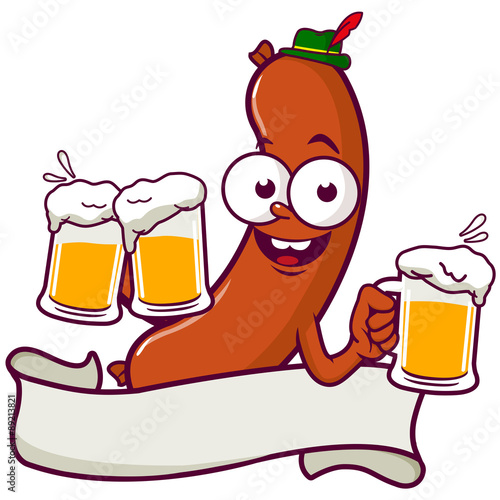 Oktoberfest banner with cartoon sausage serving beer. Vector illustration