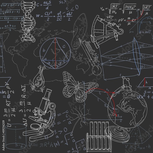 Seamless pattern of the formulas and doodles school subjects on