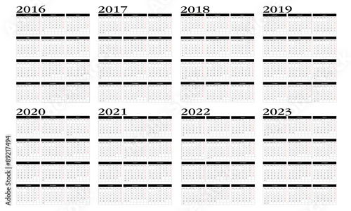 Calendar 2016 to 2023 in english