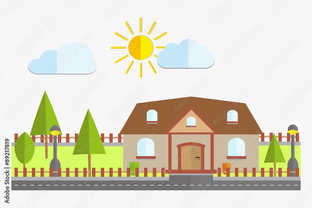 Colorful Flat Residential property House with trees country scenery background vector illustration