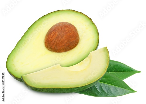 Two slices of avocado isolated on the white background. One slice with core. Design element for product label, catalog print, web use.