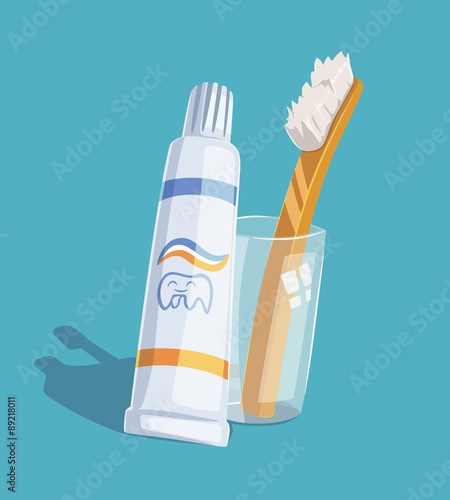 Toothpaste and toothbrush. Vector illustration.