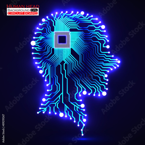 Neon human head. Cpu. Circuit board. Vector illustration. Eps 10