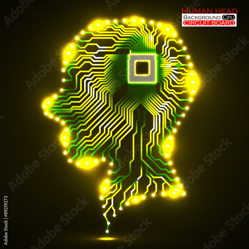 Neon human head. Cpu. Circuit board. Vector illustration. Eps 10