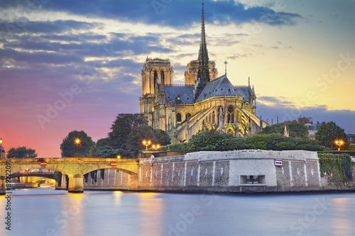 Notre Dame Cathedral, Paris. Image of Notre Dame Cathedral at dusk in Paris, France.