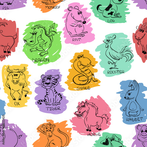 Seamless Pattern of Chinese Zodiac Animals Signs.