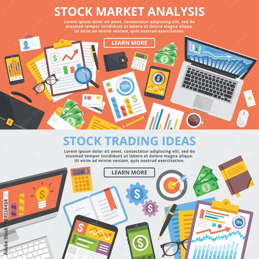 Stock market analytics, stock trading ideas flat illustration concept set