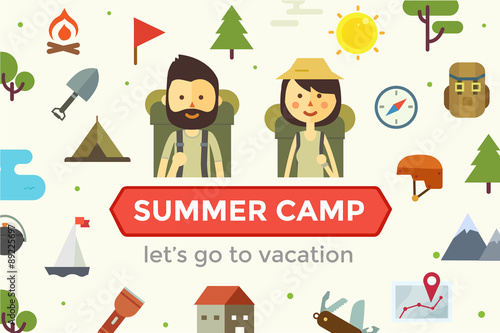 Flat cartoon couple with hiking equipment isolated on white