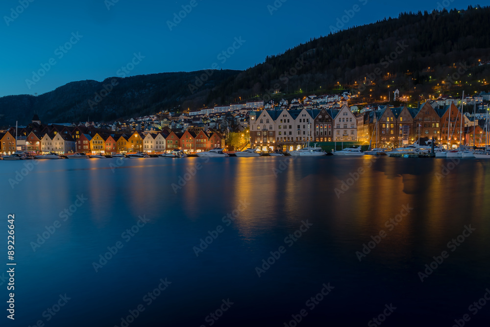 Bergen, Norway, cityscape at dusk time. 