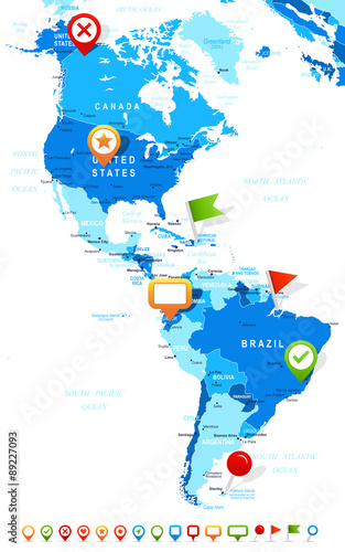 North and South America map - highly detailed vector illustration. Image contains land contours, country and land names, city names, water object names, navigation icons.