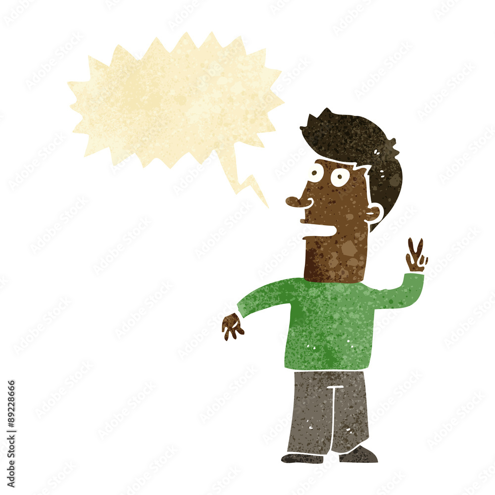 cartoon man making peace sign with speech bubble cartoon man making peace sign with speech bubble