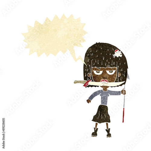 cartoon woman with knife and harpoon with speech bubble