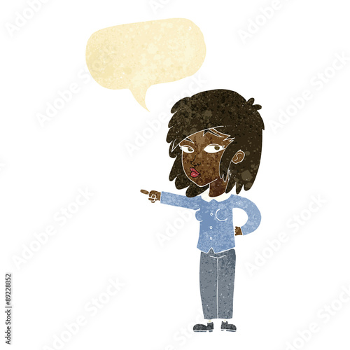 cartoon woman pointing with speech bubble
