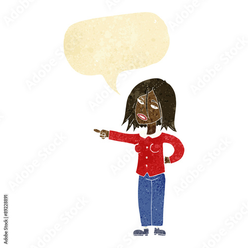 cartoon woman pointing with speech bubble