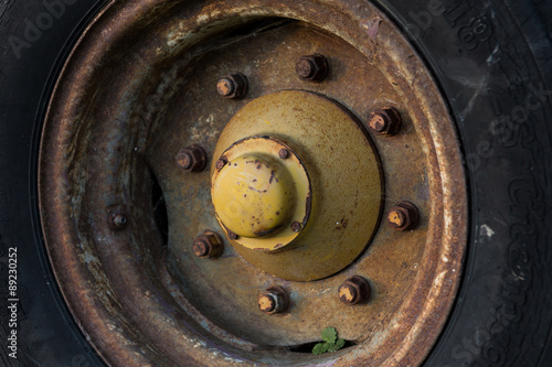 Close up to big heavy tire and wheel