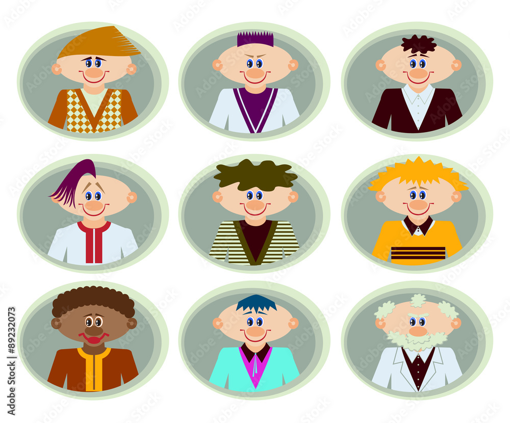 Collection of colored flat avatars with different human. Smiling male faces set. Flat style. Vector illustration Collection of colored flat avatars with different human. Smiling male faces set. Flat style. Vector illustration