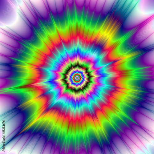 Psychedelic Color Explosion / A digital abstract fractal image with a colorful psychedelic explosion design in red, green, blue, violet and yellow.