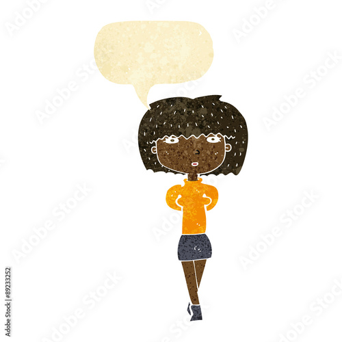 cartoon shy woman with speech bubble
