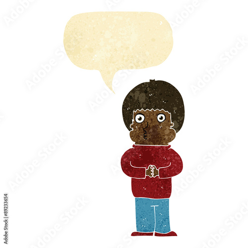 cartoon shy boy with speech bubble
