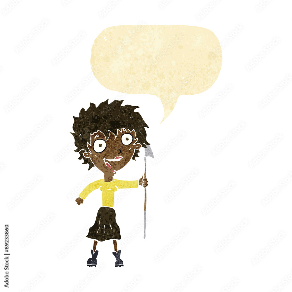 cartoon crazy woman with spear with speech bubble