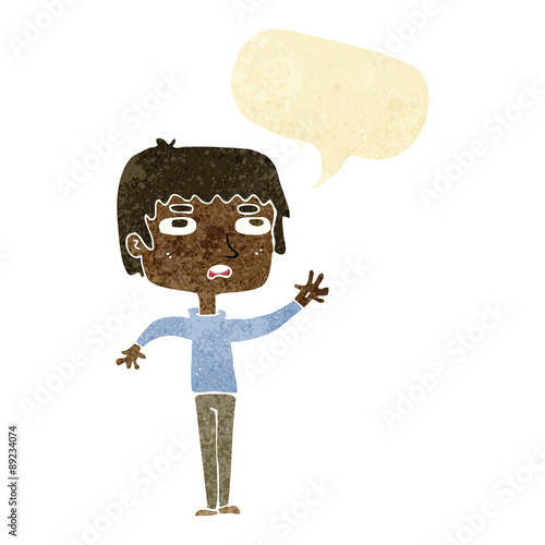 cartoton unhappy boy waving with speech bubble photo