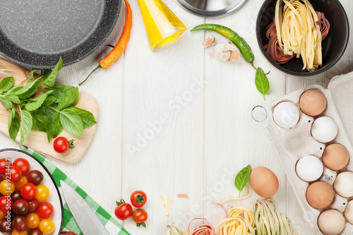 Fotografie Pasta cooking ingredients and utensils