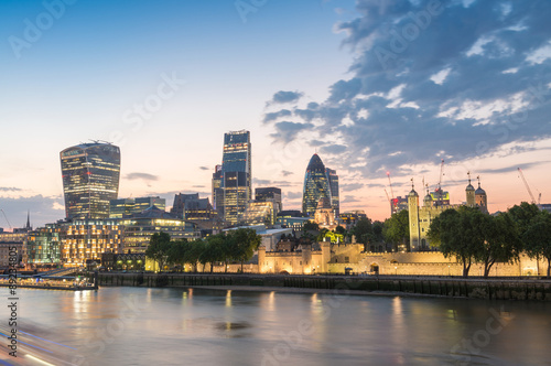 Wonderful London skyline at dusk. Buildings and reflections on r