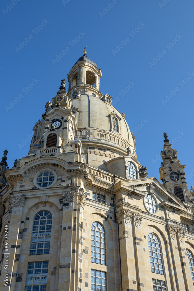 Frauenkirche on background of bright blue sky, Dresden, Saxony,
