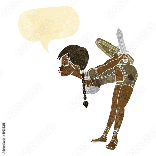 cartoon viking girl bowing with speech bubble