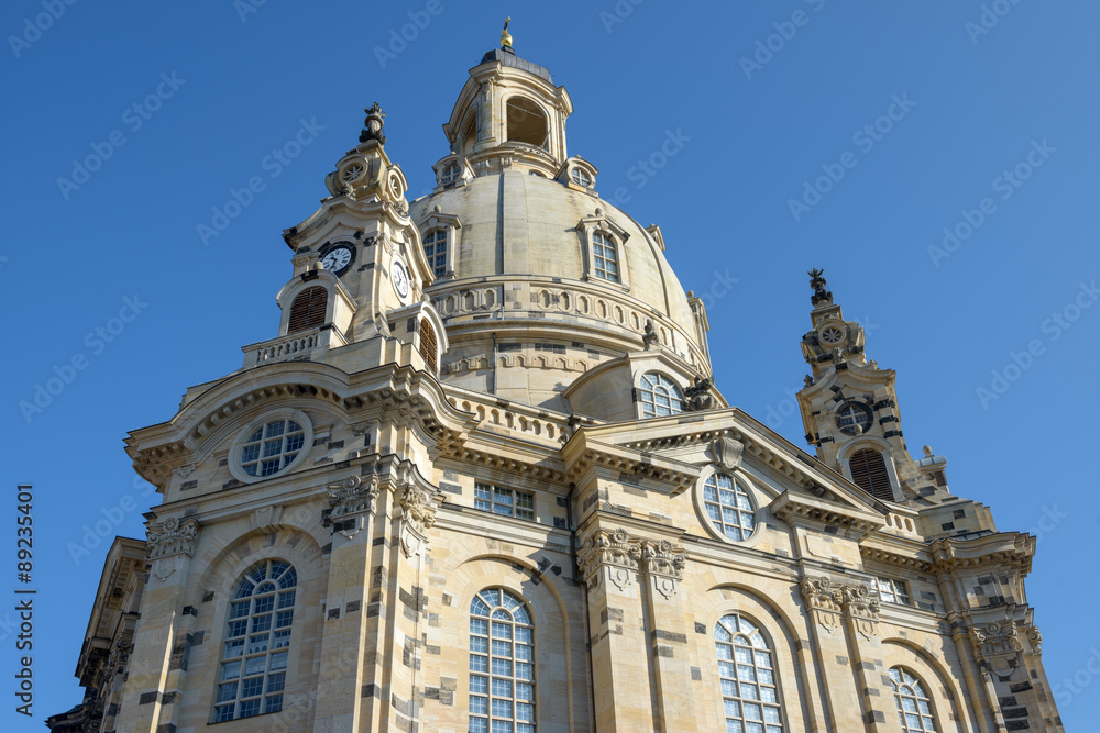 Frauenkirche on background of bright blue sky, Dresden, Saxony,