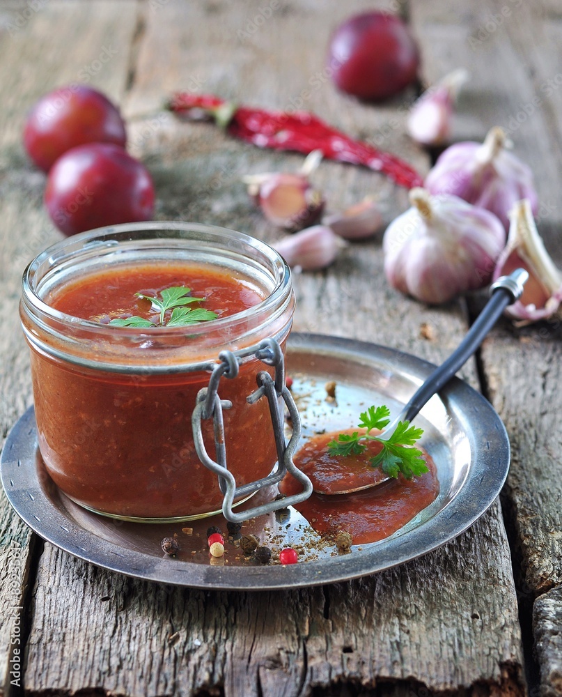 sauce for grilled meat from organic plums with coriander, garlic and allspice sauce for grilled meat from organic plums with coriander, garlic and allspice