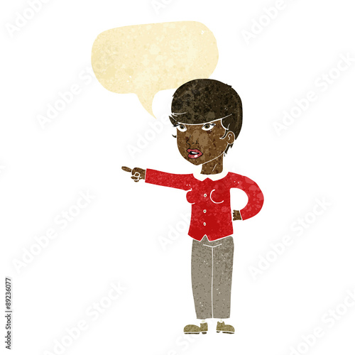cartoon woman pointing finger of blame with speech bubble