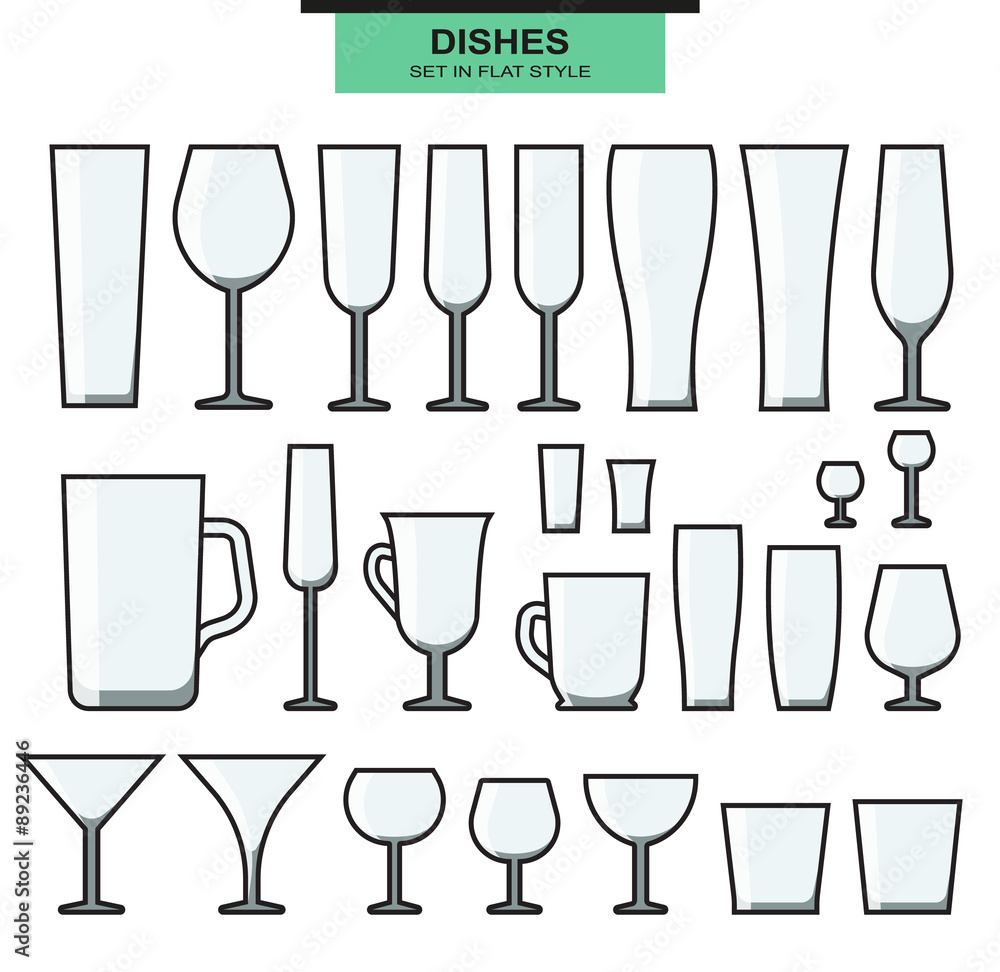 Set of different isolated glasses with a stroke. Empty glasse Set of different isolated glasses with a stroke. Empty glasse