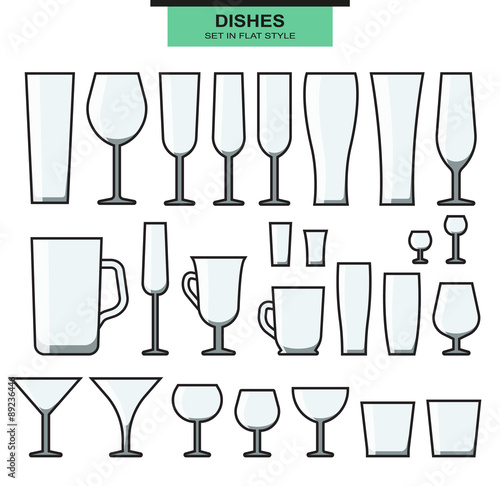 Set of different isolated glasses with a stroke. Empty glasse