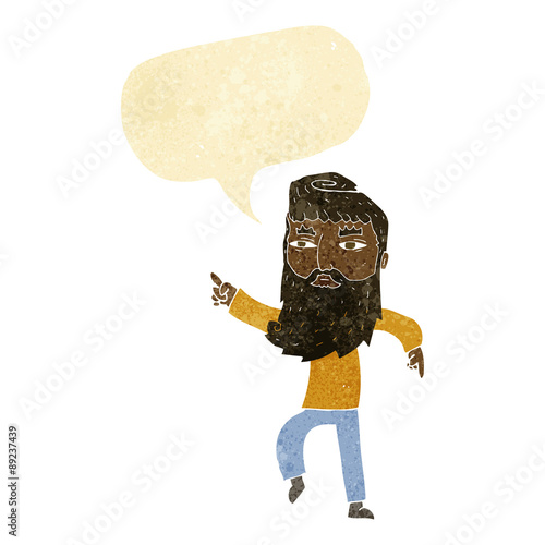 cartoon bearded man pointing the way with speech bubble